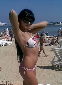 Hot brunette teen gf at the beach in white bikini