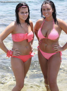 Ceri and Jayde appeared in sexy pink bikinis on the beach